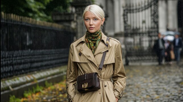 Blonde Woman in Beige Trench Coat and Scarf on Rainy City Street - Powered by Adobe