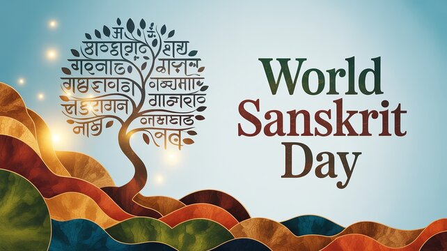 Leafy tree branches with Sanskrit letters create spiritual visual harmony.