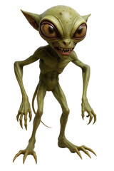 Fototapeta premium A creepy green alien with sharp teeth and big eyes stands against a transparent background.