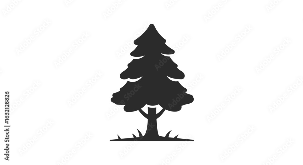 Poster a simple silhouette of a pine tree with a clear trunk and a small patch of grass at the base of the 