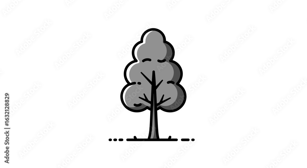 Poster illustration of a simple gray tree with a thick trunk and rounded top on a white background design a