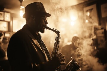 Jazz saxophonist playing in smoky bar