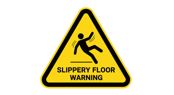 A yellow triangle warning sign with a black border indicating a slippery floor with a falling person image