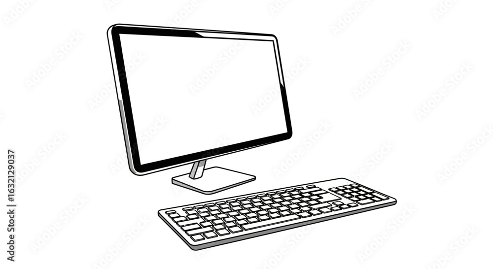 Poster illustration of a desktop computer with a monitor and keyboard in black and white outline style