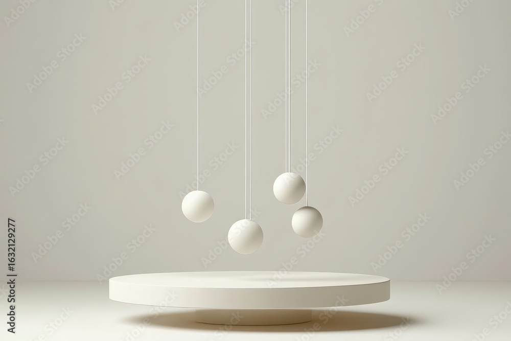 Poster white spheres hanging from strings over a circular platform.