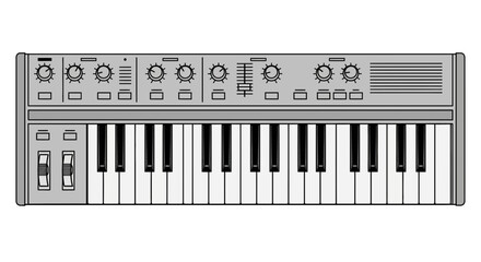 Fototapeta premium Illustration of a gray synthesizer keyboard with knobs sliders and black and white keys for music creation