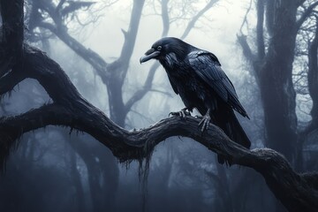 Fototapeta premium Raven on twisted tree in gothic forest