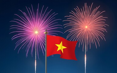 September 2, vietnam independence day, vector template with vietnamese flag and colorful fireworks on blue night sky background. Vietnam national holiday september 2nd. Independence day card