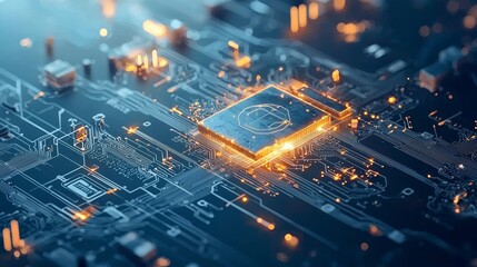 Innovative technology action digital circuit board visual art futuristic environment close-up conceptualizing modern computing