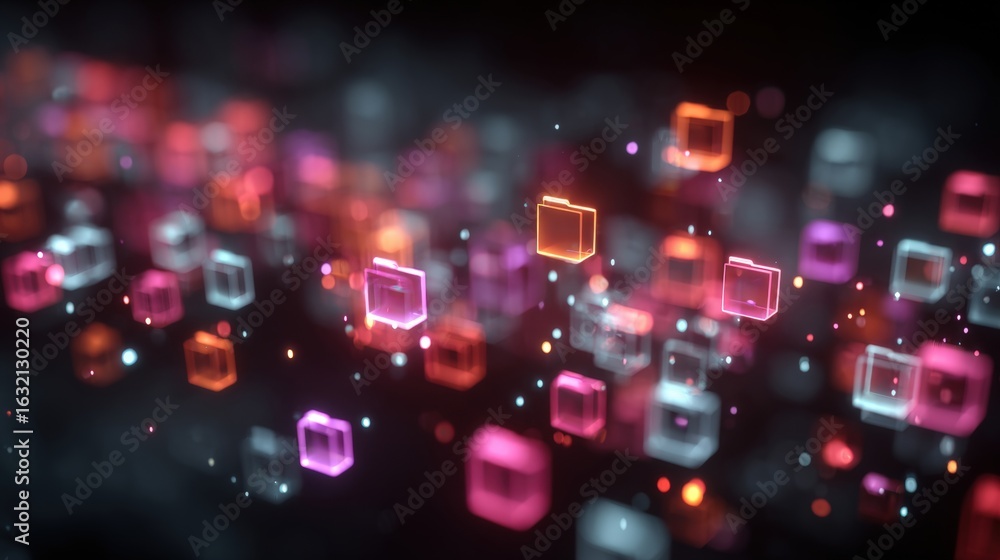 Poster abstract network grid with files and folders, futuristic software interface, digital document manage