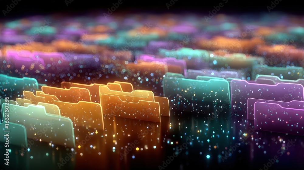 Poster abstract network grid with files and folders, futuristic software interface, digital document manage