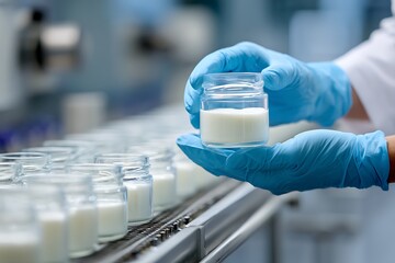Food scientist holding sample of yogurt or milk in modern dairy factory