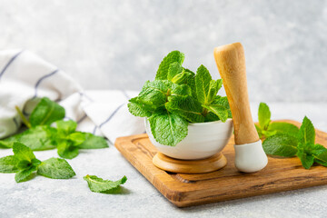 Fresh mint with mortar and pestle on wooden background. Melissa leaves. Healing herbs green mint...