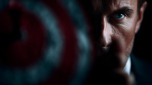 Determined businessman aiming arrow at dartboard bullseye