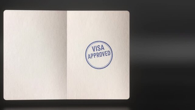 Red passport opening with a smooth zoom-in effect, revealing travel stamps on one page and a blue 'Visa Approved' stamp on the next. Concept of travel approval, work opportunities and inmigration.