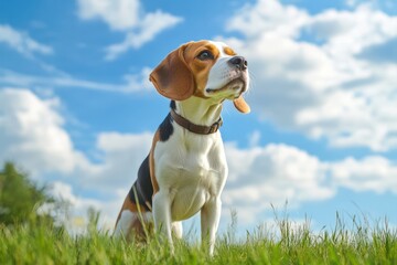 Beagle sniffing air in sunny green park