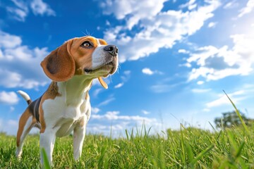 Beagle sniffing air in sunny green park