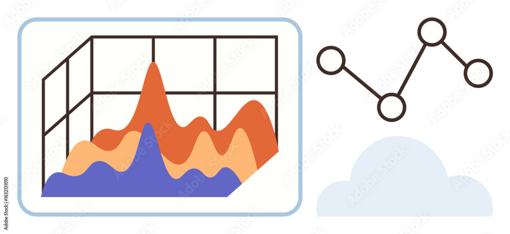 Poster multicolor area chart and line graph on a grid. represents data analysis, business trends, and forec