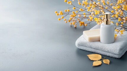 Relaxing spa setup with natural elements home bathroom product photography calm environment close-up view self-care concept