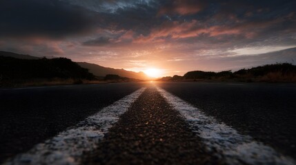 A road leading towards the distant horizon bathed in the warm glow of the setting sun