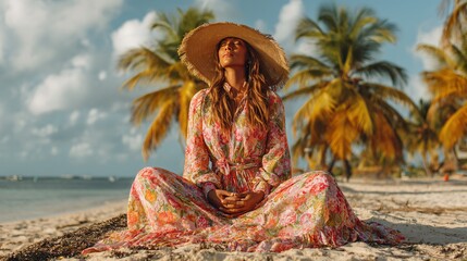 Woman in a floral maxi dress sits on a tropical beach.