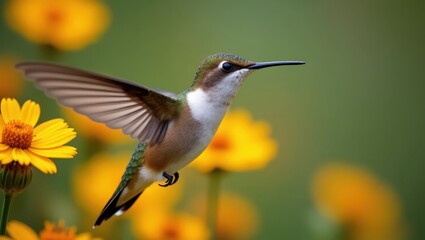 Fototapeta premium A hummingbird in flight amongst vibrant yellow flowers.