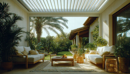 Tropical retreat: a modern and cozy patio with wooden sofas and lush greenery. The ideal place to relax and unwind surrounded by nature.