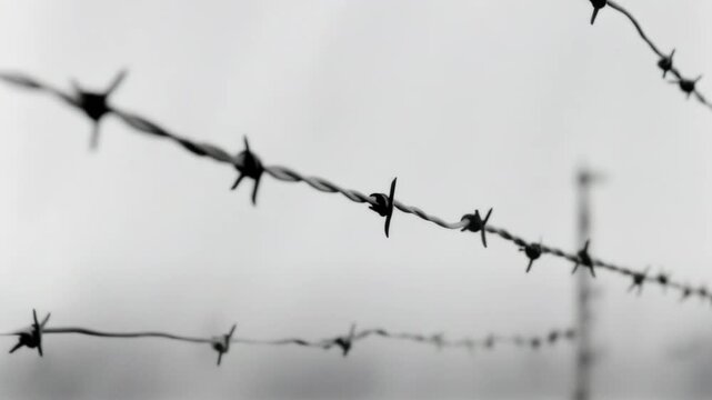 GEN 3: Ключевалка сказал:

Close-up of barbed wire fence in black and white with sharp focus on twisted metal and blurred background creating minimalist tension. 4K video