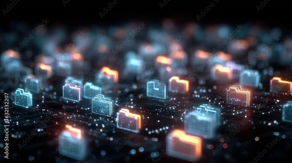 Poster abstract network grid with files and folders, futuristic software interface, digital document manage