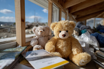 Two plush teddy bears sit together by a window in a sunlit attic, representing childhood innocence and companionship in a nostalgic, warm atmosphere filled with memories.