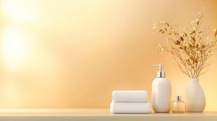 Relaxing spa essentials display tranquil atmosphere product photography soft lighting minimalistic design