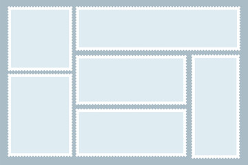 Set of blank postage stamps. Blank postage postmark. Empty mail delivery template.