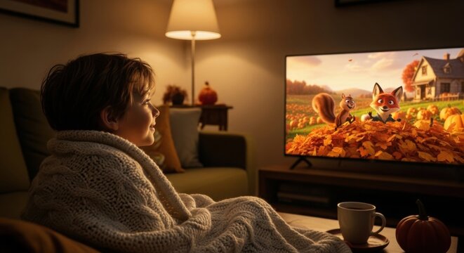 Young caucasian child watching animated movie in cozy living room