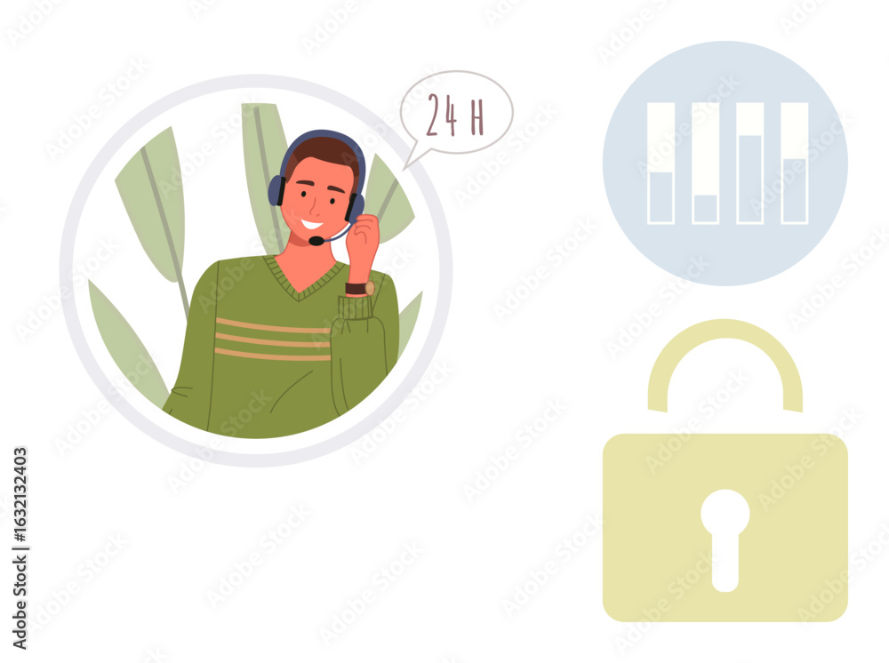 Poster customer service representative with headset and speech bubble, bar chart visualizing analytics, and