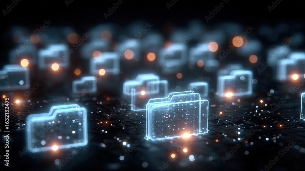 Poster abstract network grid with files and folders, futuristic software interface, digital document manage