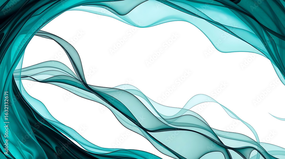 Poster abstract teal flowing ribbon waves isolated on white background, creating a light and airy texture f