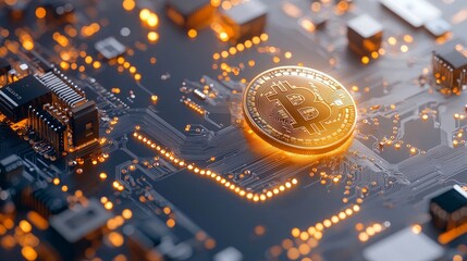 Bitcoin mining revolution digital currency innovation technology lab graphic visuals futuristic environment close-up view