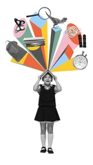 Fotobehang Colorful composition of excited schoolgirl with book on head and bursting school objects. Concept of fun back to school visuals, curiosity, primary education, and joyful academic discovery. © master1305