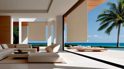 Panoramic view of a luxurious living room. Large windows with semi-open roller shades control the light, creating a serene atmosphere with the pool and ocean as the main focus.