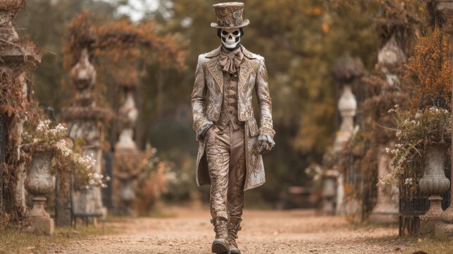 Skeleton in Beige Victorian Costume Walking Through Autumnal Garden