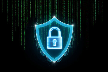 Digital shield with glowing lock symbol on binary code background