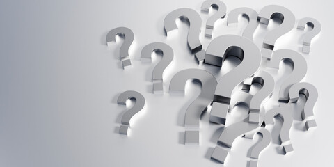 Pile of silver Question Marks on silver background with copy space - 3D illustration