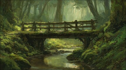 Lush forest scene with a mossy wooden bridge over a small stream.