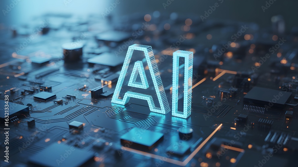 Poster digital ai: illuminated ai letters stand proud atop a digital circuit board, representing the intell