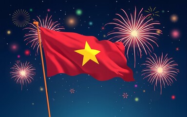 September 2, vietnam independence day, vector template vietnamese flag, colorful fireworks on blue night sky background. National holiday. Greeting card. Translation: September 2, independence day