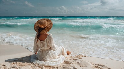 Woman in a white dress sits on a sandy beach, enjoying the ocean view.