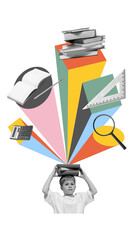 Bold poster of boy holding books overhead with abstract school icons on white. Concept of academic stress, learning pressure, school design, educational communication, and child motivation visuals.