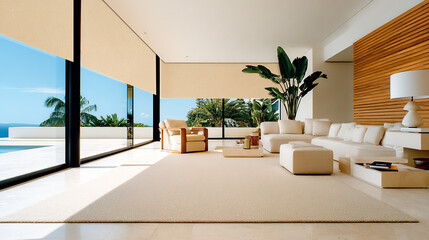 Luxurious living room overlooking the pool and ocean. Semi-open roller shades control the light, while the light-colored decor and modern architecture create an elegant ambiance.