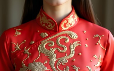 Ao dai collar with golden embroidery, showcasing Vietnam National Day's elegant cultural attire. High quality