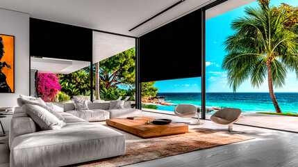 Obraz na płótnie Canvas Luxurious living room overlooking the beach. Modern architecture, large windows with black roller shades, and minimalist decor create a peaceful seaside retreat.